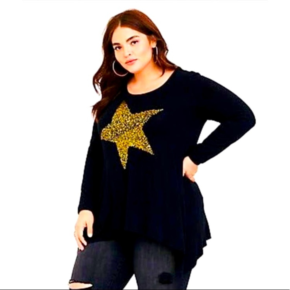 - TORRID super soft black shimmer gold star shark bite top 1X